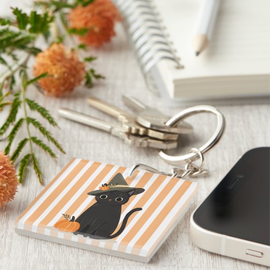 Cute Halloween Black Cat with Witch Hat Pumpkin キーホルダー (正面右)