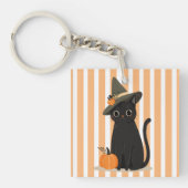 Cute Halloween Black Cat with Witch Hat Pumpkin キーホルダー (正面)