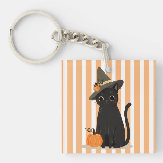 Cute Halloween Black Cat with Witch Hat Pumpkin キーホルダー (正面)