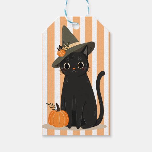 Cute Halloween Black Cat with Witch Hat Pumpkin ギフトタグ (正面)