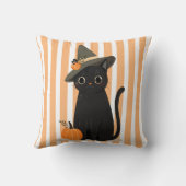 Cute Halloween Black Cat with Witch Hat Pumpkin クッション (裏面)