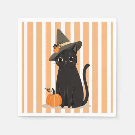 Cute Halloween Black Cat with Witch Hat Pumpkin スタンダードカクテルナプキン (正面)