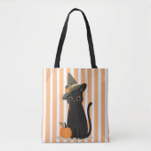 Cute Halloween Black Cat with Witch Hat Pumpkin トートバッグ (正面)