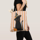 Cute Halloween Black Cat with Witch Hat Pumpkin トートバッグ (クローズアップ)