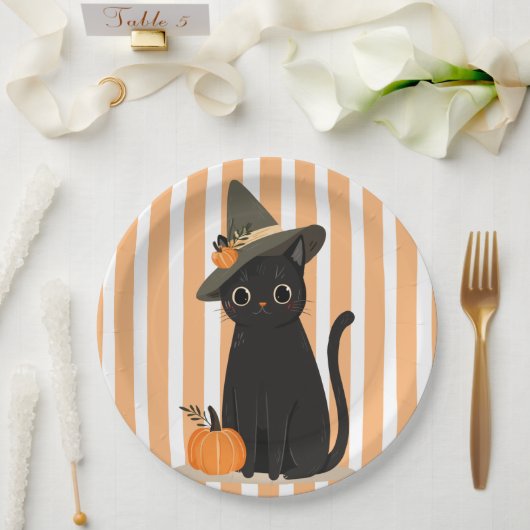Cute Halloween Black Cat with Witch Hat Pumpkin ペーパープレート (ウェディング)