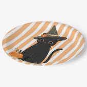 Cute Halloween Black Cat with Witch Hat Pumpkin ペーパープレート (アングル)
