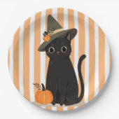 Cute Halloween Black Cat with Witch Hat Pumpkin ペーパープレート (正面)