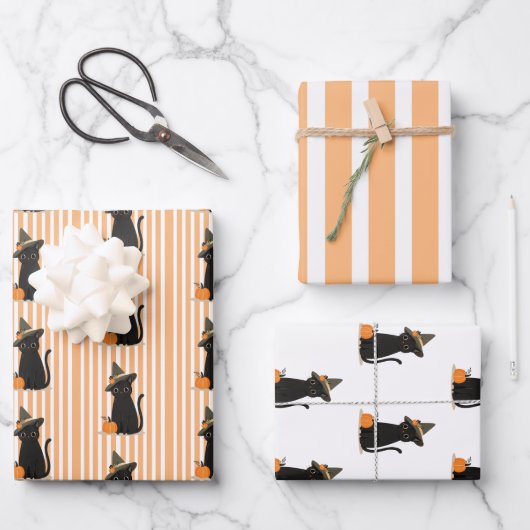 Cute Halloween Black Cat with Witch Hat Pumpkin ラッピングペーパーシート (正面)