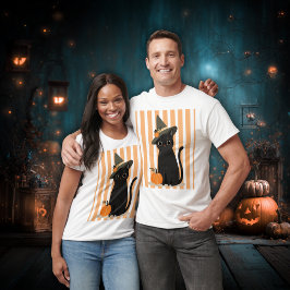 Cute Halloween Black Cat with Witch Hat Pumpkin Tシャツ
