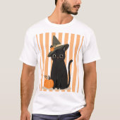 Cute Halloween Black Cat with Witch Hat Pumpkin Tシャツ (正面)