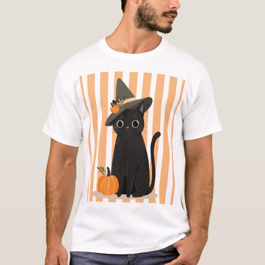 Cute Halloween Black Cat with Witch Hat Pumpkin Tシャツ (正面)