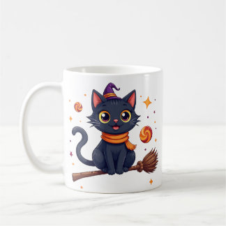 Cute halloween black kitten broom mug コーヒーマグカップ