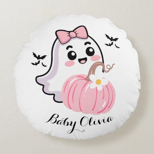 cute halloween blanket , ghost pink bow pumpkin ラウンドクッション (正面)