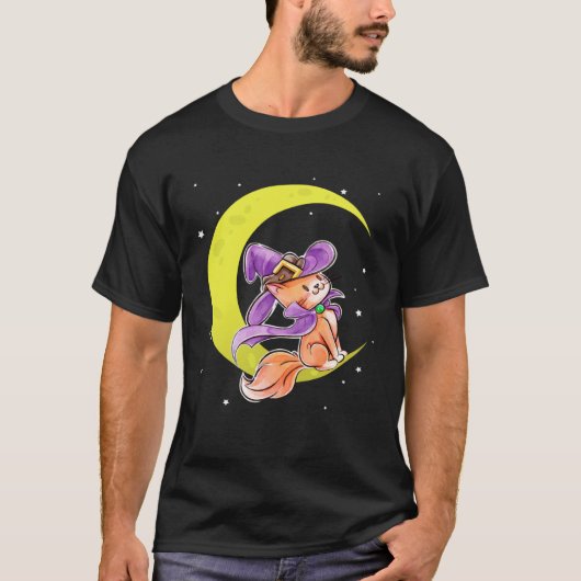 Cute Halloween Cat Costume Witch Hat and Moon Tシャツ (正面)