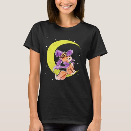 Cute Halloween Cat Costume Witch Hat and Moon Tシャツ (正面)