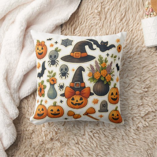 Cute Halloween Cat & Ghost Throw Pillow – Spooky C クッション (ブランケット)