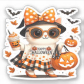 Cute Halloween Cat � Kawaii Witch Kitty with Pumpk シール (正面)