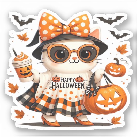 Cute Halloween Cat � Kawaii Witch Kitty with Pumpk シール (正面)