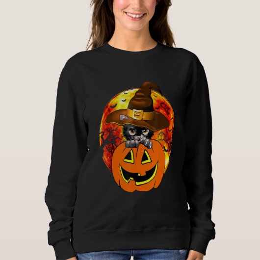 Cute Halloween Cat Witch Hat Pumpkin Scary Pet Moo スウェットシャツ (正面)