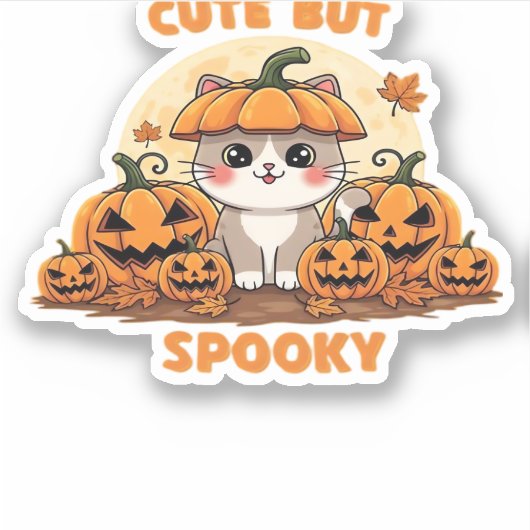 Cute Halloween Cat with Pumpkins � Kawaii Spooky F シール (正面)