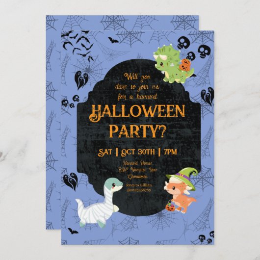 Cute Halloween Dino 1 Party 招待状 (正面/裏面)