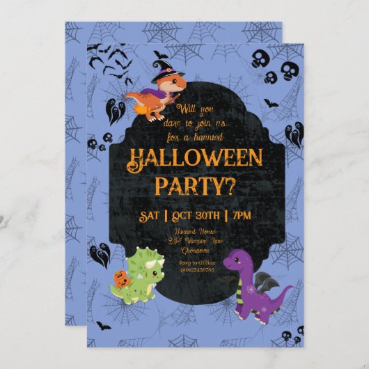 Cute Halloween Dino 2 Party 招待状 (正面/裏面)