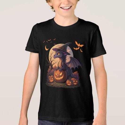 Cute Halloween Dragon Witch Hat Pumpkin Moon  トライブレンドＴシャツ (正面)