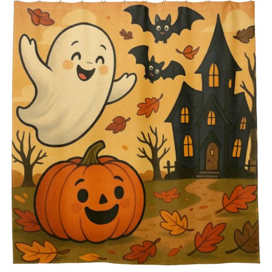 Cute Halloween/fall ghost pumpkin cartoon シャワーカーテン (正面)