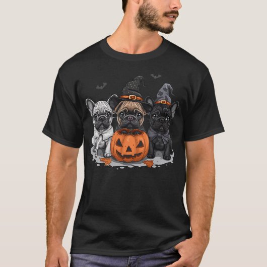 Cute Halloween French Bulldogs Witch Dog Pumpkin F Tシャツ (正面)