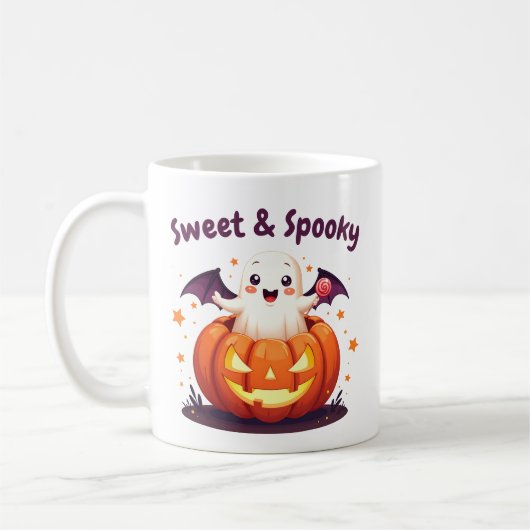 Cute halloween ghost and pumpkin mug コーヒーマグカップ (左)