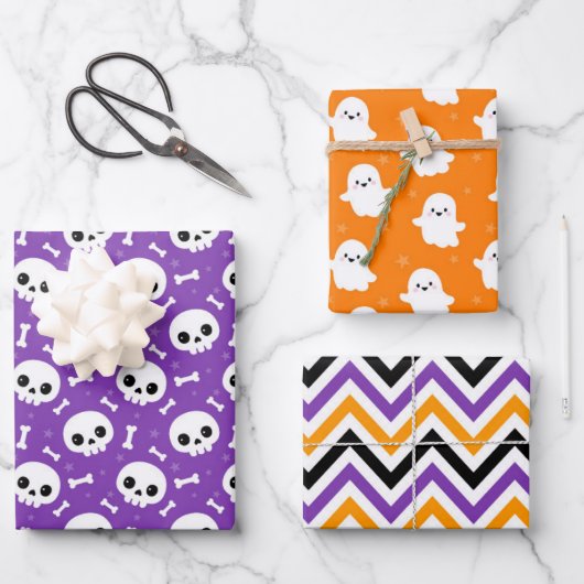 Cute Halloween Ghost and Skulls Patterns ラッピングペーパーシート (正面)