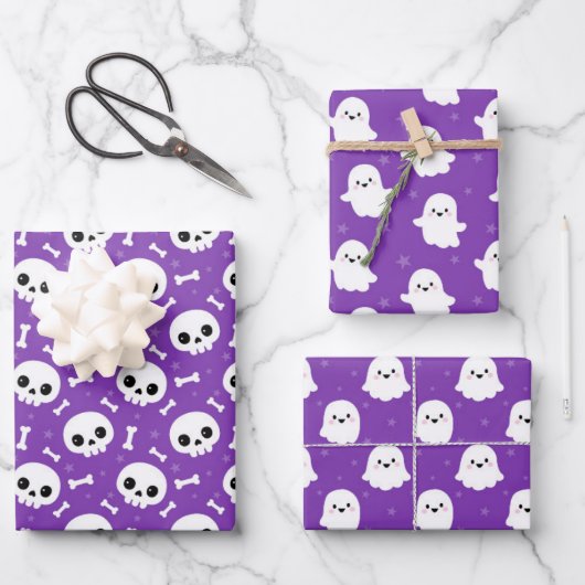 Cute Halloween Ghost and Skulls Patterns ラッピングペーパーシート (正面)