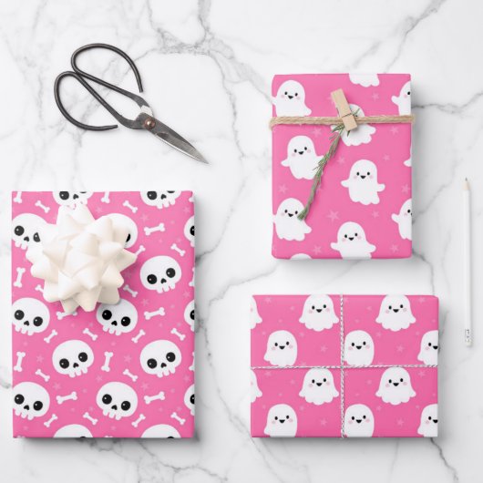 Cute Halloween Ghost and Skulls Patterns ラッピングペーパーシート (正面)