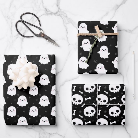 Cute Halloween Ghost and Skulls Patterns ラッピングペーパーシート (正面)