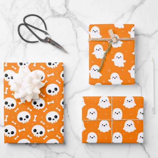 Cute Halloween Ghost and Skulls Patterns ラッピングペーパーシート (正面)