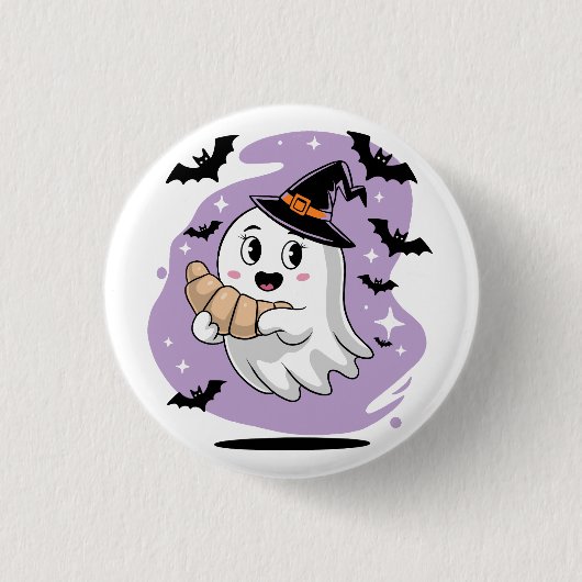 Cute Halloween Ghost Croissant Haunting 缶バッジ (正面)