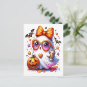 Cute Halloween Ghost Drink Pumpkin Spooky 2025  シーズンポストカード (スタンド正面)