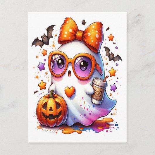 Cute Halloween Ghost Drink Pumpkin Spooky 2025  シーズンポストカード (正面)