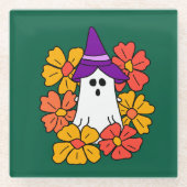 Cute Halloween Ghost Flower Wreath  ガラスコースター (正面)