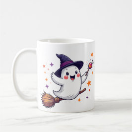 Cute halloween ghost on broomstick mug コーヒーマグカップ