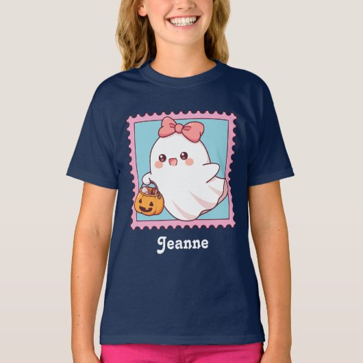 Cute Halloween Ghost Pink Coquette Bow Kids Tシャツ (正面)