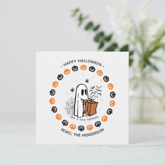 Cute Halloween Ghost Round Sticker Trick or Treat 招待状 (スタンド正面)