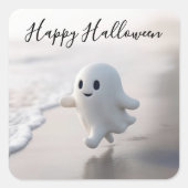 Cute Halloween Ghost Running On a Beach スクエアシール (正面)