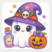 Cute Halloween Ghost Witch Sticker – Kawaii Ghost  スクエアシール (正面)