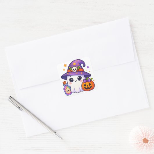 Cute Halloween Ghost Witch Sticker – Kawaii Ghost  スクエアシール (封筒)