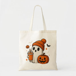 Cute Halloween Ghost with Pumpkin and Drink  トートバッグ