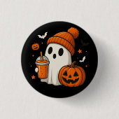 Cute Halloween Ghost with Pumpkin and Drink  缶バッジ (正面)