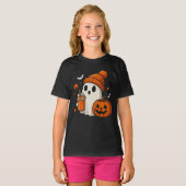 Cute Halloween Ghost with Pumpkin and Drink  Tシャツ (正面フル)