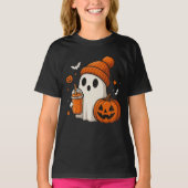 Cute Halloween Ghost with Pumpkin and Drink  Tシャツ (正面)