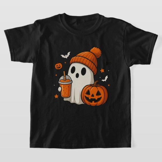 Cute Halloween Ghost with Pumpkin and Drink  Tシャツ (レイダウン)